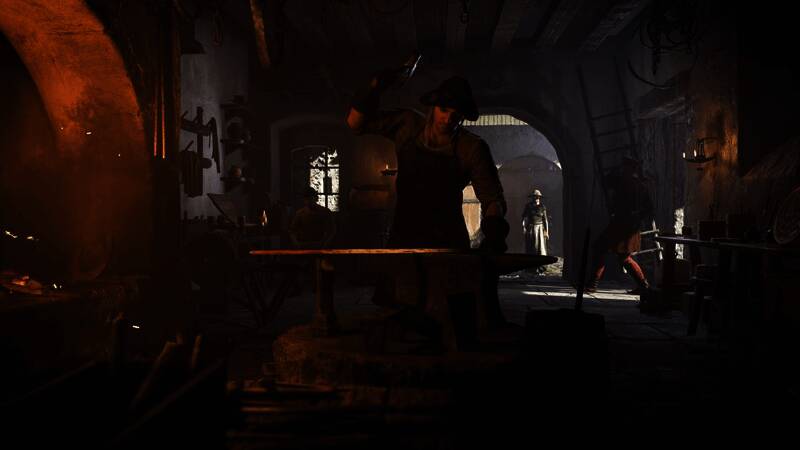 玩家在《天国：拯救2》DLC中自定义铁匠铺内部结构的画面展示