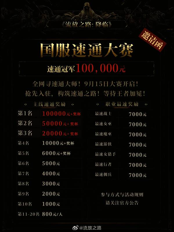 《流放之路：降临》国服速通大赛主视觉图，展现激烈竞技氛围