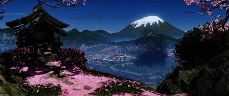 《羊蹄山之魂》游戏场景画面，女主角持刀站立于山巅，背景是日出的壮丽景象