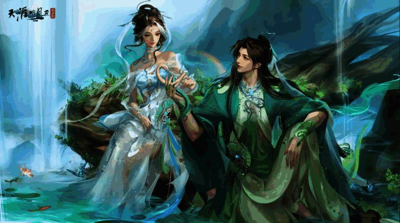 天涯明月刀手游外观圣绣·西湖烟雨展示，角色身着白青配色服饰，背景为烟雨朦胧的西湖