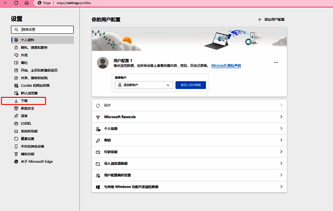 Edge浏览器设置页面左侧导航栏中的下载选项