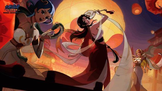 夕日红与玩家共度新春佳节，背景为烟花与灯笼装饰的木叶村夜景