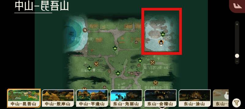 夫诸在昆吾山湿地的刷新位置示意图，标注具体地形特征