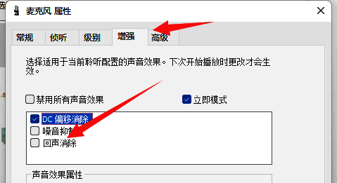 麦克风属性增强选项卡界面，回声消除功能已勾选启用