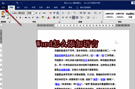 Word软件界面主界面，左上角显示文件菜单