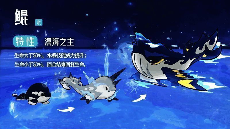 鲲灵兽形态展示，体型庞大，游弋于水中，背景为深海景象