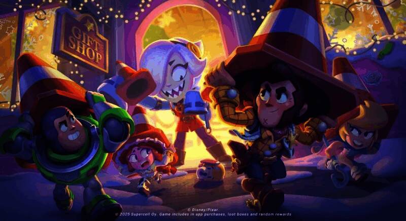 巴斯光年在星妙乐园中高举武器，身穿经典太空服，背景是充满科幻风格的战斗场景