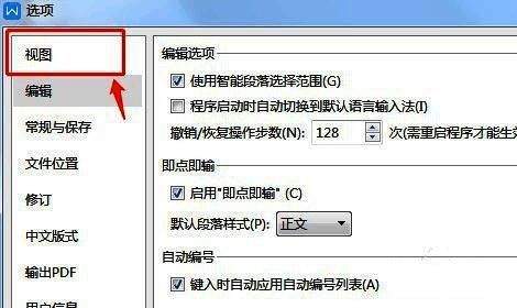 Word选项窗口中的视图设置界面，显示实时预览选项位置