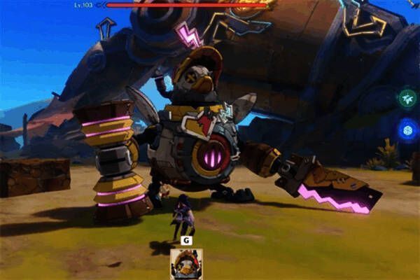 原神武库巨鸭战斗界面，角色处于待机状态，BOSS尚未进入攻击模式