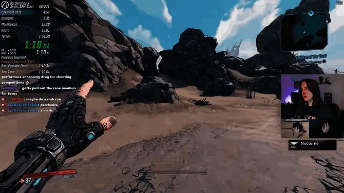 《无主之地3》游戏画面，角色手持武器站在废土场景中，背景为破败城市与爆炸特效