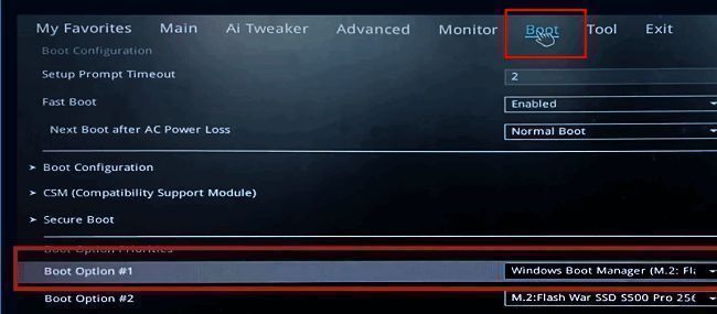 Boot设置页面，显示启动设备选项