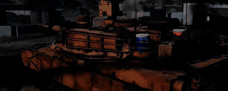 M1A2艾布拉姆斯坦克在战场中轰鸣前进，炮火照亮硝烟弥漫的战场