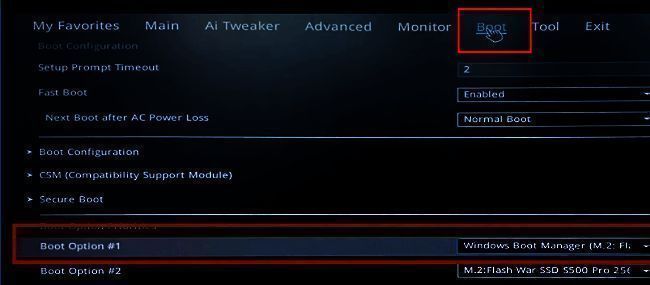 Boot选项卡界面，显示启动顺序设置