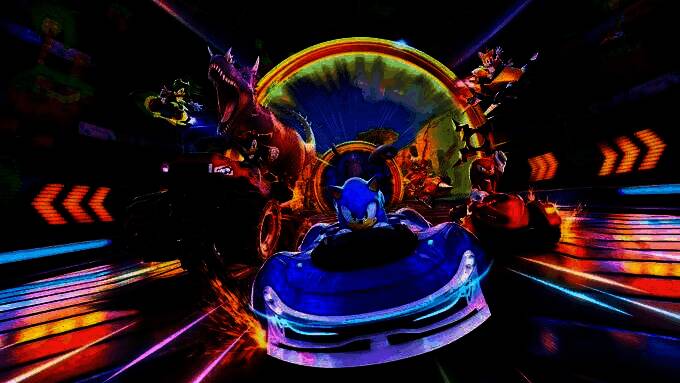 游戏封面图，索尼克与众多跨界角色并肩而立，风格鲜明，画面绚丽