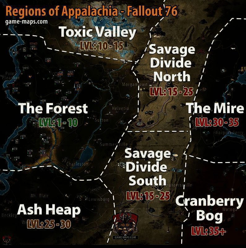 《辐射76》藏宝图区域分布地图，各区域标记清晰