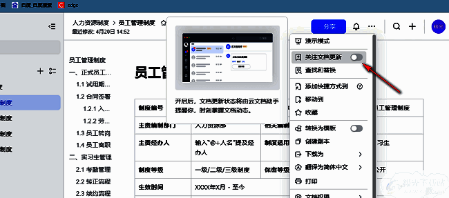 功能设置页面中，关注文档更新选项已开启，界面显示开关按钮处于激活状态