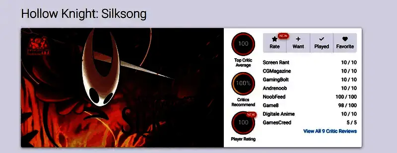 媒体评分截图，OpenCritic网站显示《丝之歌》评分高达满分100分，排名第一