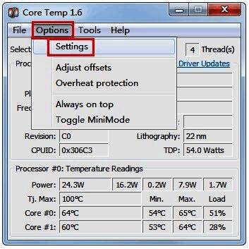 Core Temp软件界面，顶部工具栏显示Options选项
