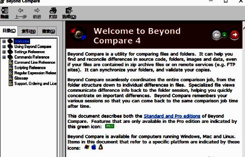 帮助文档窗口展示多个分类条目，界面左侧为目录结构，右侧为详细说明文本