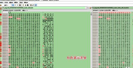 比对结果中红色区域表示文件差异
