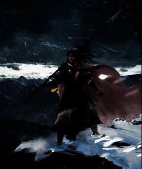 谋张绣手持长枪，英姿飒爽，背景为战火纷飞的战场