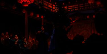 SP曹操身穿华服，端坐高堂，背景为酒宴与金殿