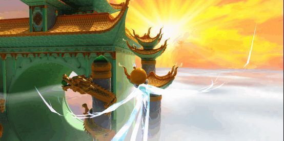 蛋仔们乘坐筋斗云和仙鹤在空中观演，背景是绚丽的天宫舞台特效