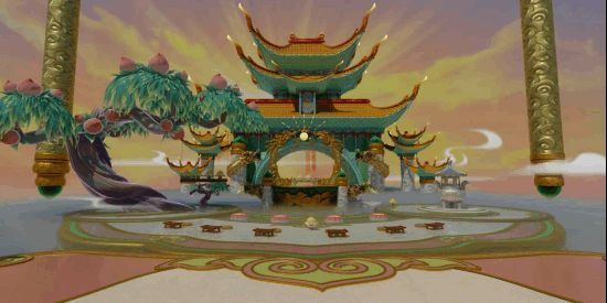 玩家坐在专属王座上观演，舞台灯光璀璨，气氛热烈