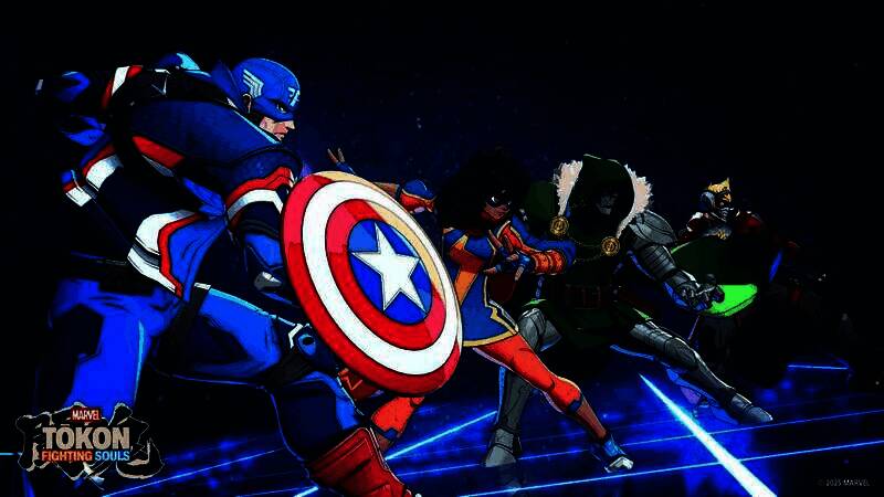 《漫威斗魂》游戏封面风格，角色阵容集结，背景为激烈战斗场景