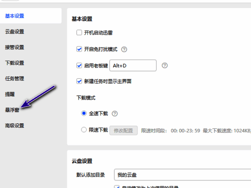 迅雷11设置界面，左侧悬浮窗选项被选中