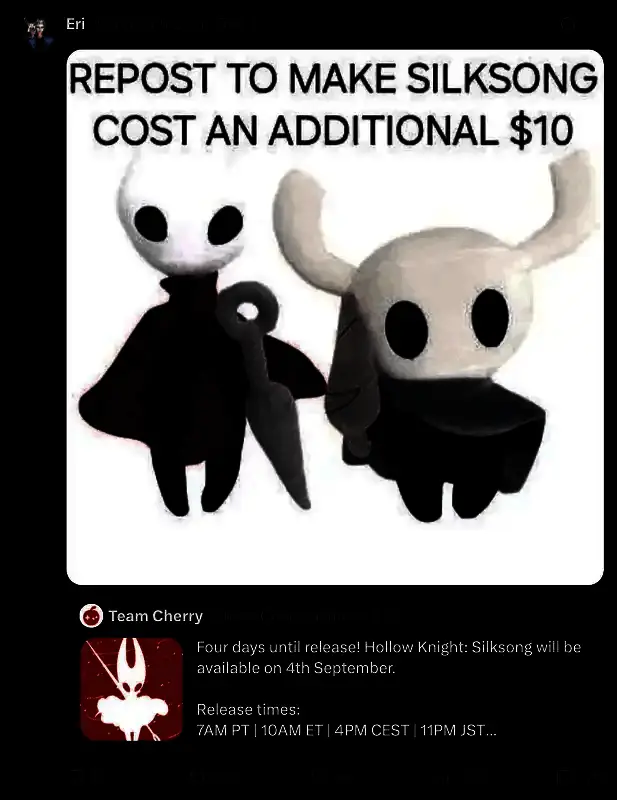 Reddit玩家留言截图：呼吁Team Cherry不要涨价