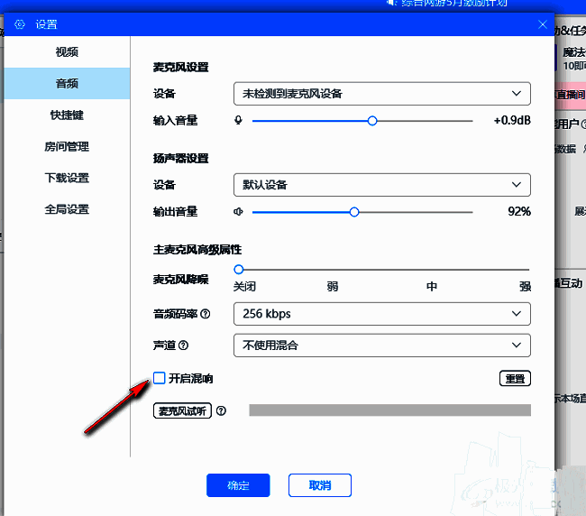 音频设置页面中开启混响选项被勾选，界面清晰展示操作步骤