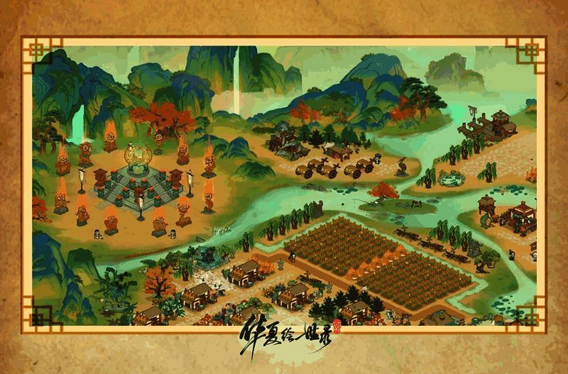 角色互动场景，玩家与古代名士共赏山河画卷，氛围古雅静谧