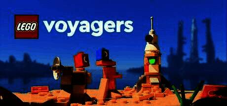 乐高风格卡通画面，两个角色在太空场景中合作搭建飞船