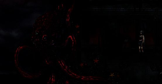 主角在昏暗房间中翻找线索，墙上布满奇怪符号与旧照片