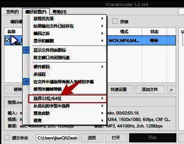偏好设置页面展示32位与64位版本选择选项