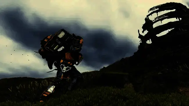 《死亡搁浅》游戏画面，主角山姆背着货物在崎岖地形中艰难行走