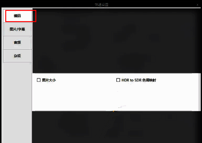 快速设置窗口，左侧导航栏显示编码选项已被选中