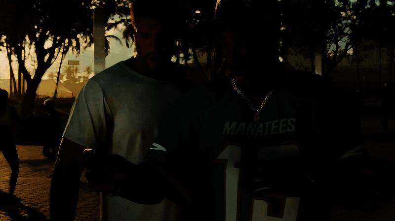 《GTA6》游戏场景截图，城市街道与角色互动细节清晰可见