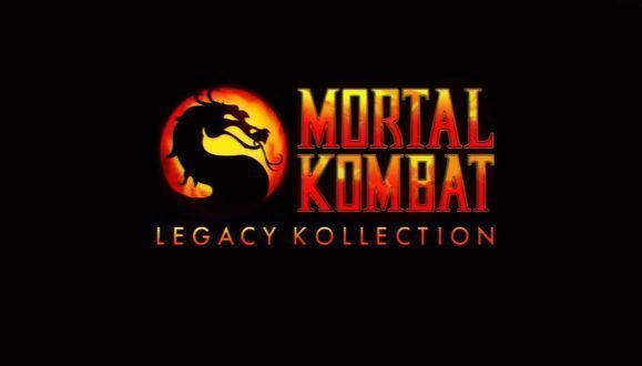 《真人快打遗产收藏》官方宣传图，展示多位经典角色并列站立，背景为标志性的擂台火焰特效