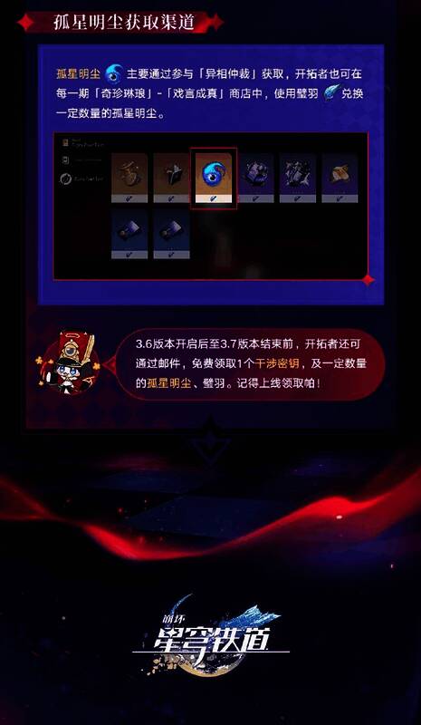 游戏内邮箱界面弹出奖励通知，包含干涉密钥×1、孤星明尘×500、璧羽×200等内容