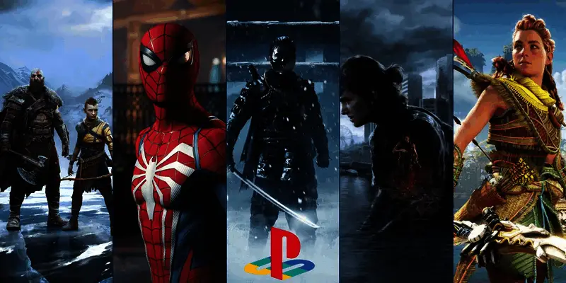 索尼PlayStation品牌标识与多款经典单人游戏封面拼贴图，象征其辉煌的单人游戏历史