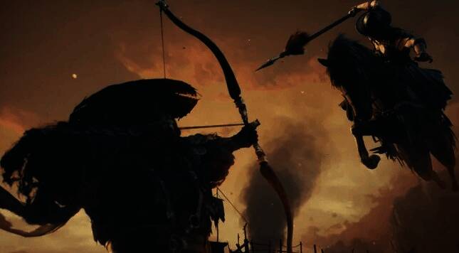 《影之刃零》导演梁其伟接受采访画面，背景为游戏概念艺术图，展现暗黑武侠风格场景