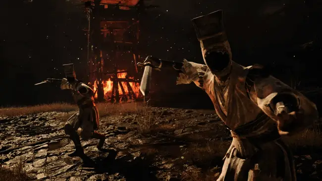 《影之刃零》实机战斗画面截图，角色施展复杂连招，敌人被击飞，场景布满东方冷兵器与烟雾特效