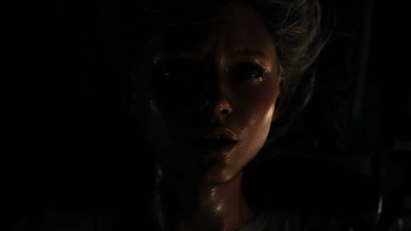 《生化危机9：安魂曲》游戏画面，昏暗实验室中角色倒挂于空中，四周血迹斑斑，氛围压抑恐怖