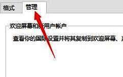 管理选项卡界面，包含‘复制设置’和‘更改系统区域设置’按钮，后者正被鼠标点击