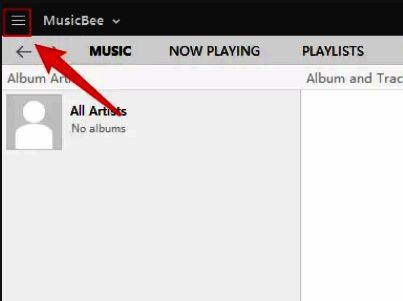 MusicBee主界面，左上角显示三条横线菜单按钮