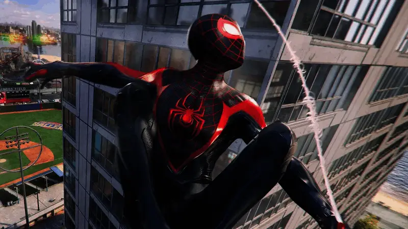 概念图展示蜘蛛侠2099身穿红黑战衣在高楼间摆荡，未来都市背景光影交错