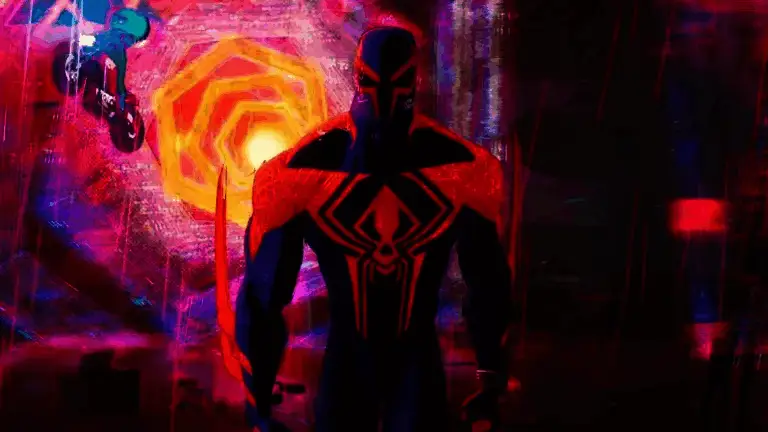 游戏内‘蜘蛛宇宙’支线任务截图，彼得·帕克与迈尔斯并肩作战，空中浮现多个平行宇宙的蜘蛛符号