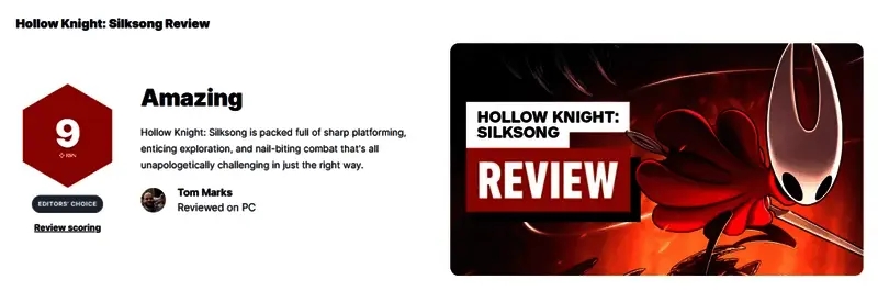 《空洞骑士：丝之歌》游戏主视觉图，大黄蜂站在神秘城市高处，背景是绚丽的丝线结构与黄昏色调